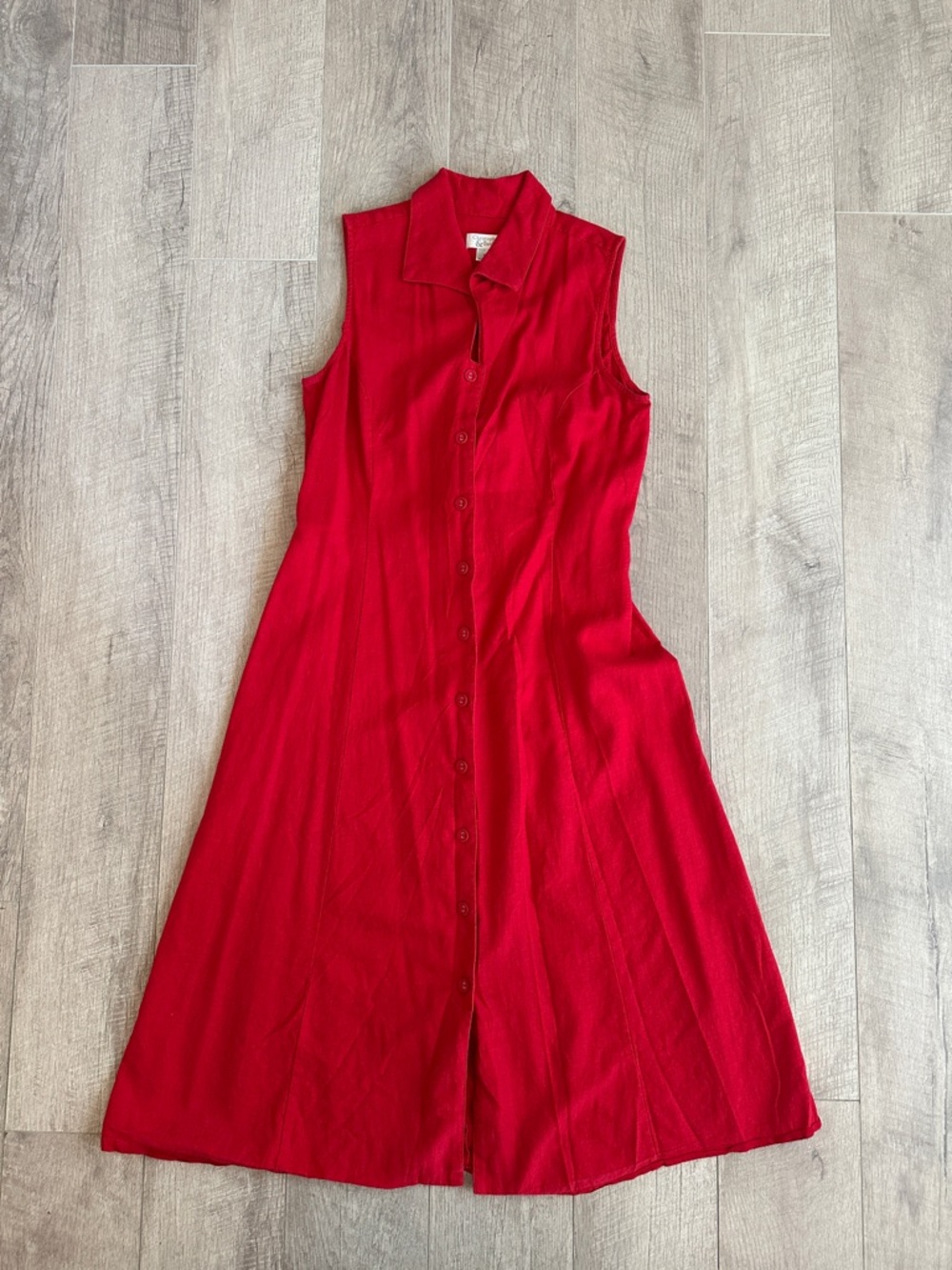 Linen Rayon Blend Red Sleeveless Button Down Midi Dress